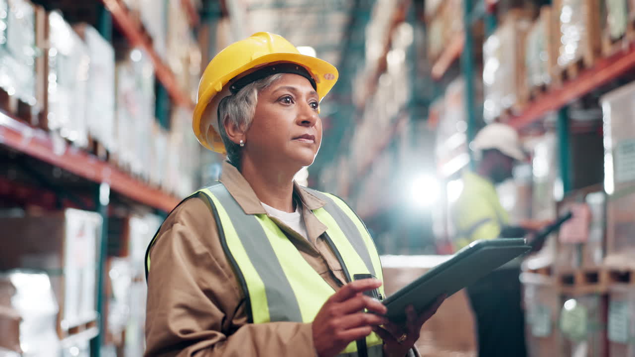 Warehouse worker with tablet inspecting inventory