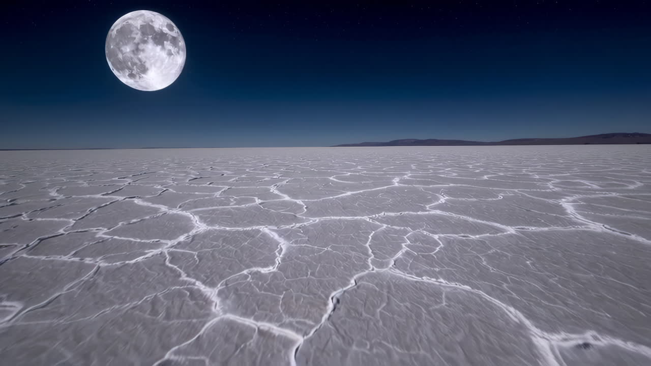 Full Moon Over a Vast Cracked Salt Flat at Night