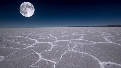 full moon over a vast cracked salt flat at night