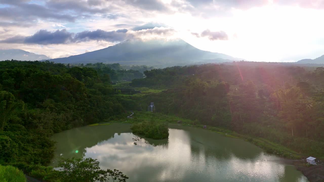 Aerial view of lake with mountain scenery in the morning. Merapi Volcano, Indonesia.