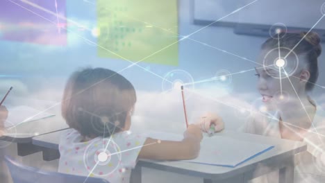 Animation-Des-Netzwerks-Von-Verbindungen-über-Glückliche,-Vielfältige-Lehrer-Und-Schulkinder