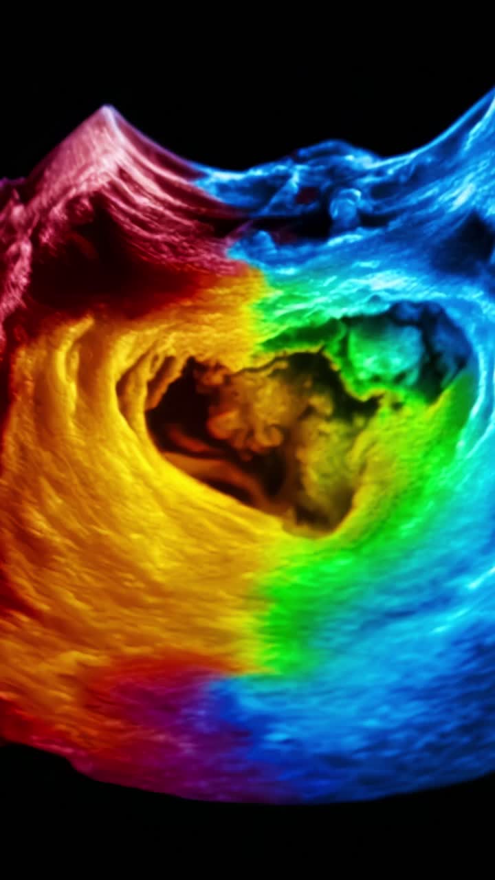 Spettro di colori vivaci di una struttura a forma di cuore in un fotogramma di imaging a ultrasuoni che mostra texture e modelli enigmatici nella fluidodinamica