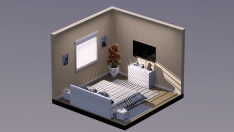 3d 이소메트릭 침실, 침대, 나이트 스테이크, 벽에 tv, 좌우로 회전, 원활한 루프 3d 애니메이션, 인테리어 디자인 3d 장면