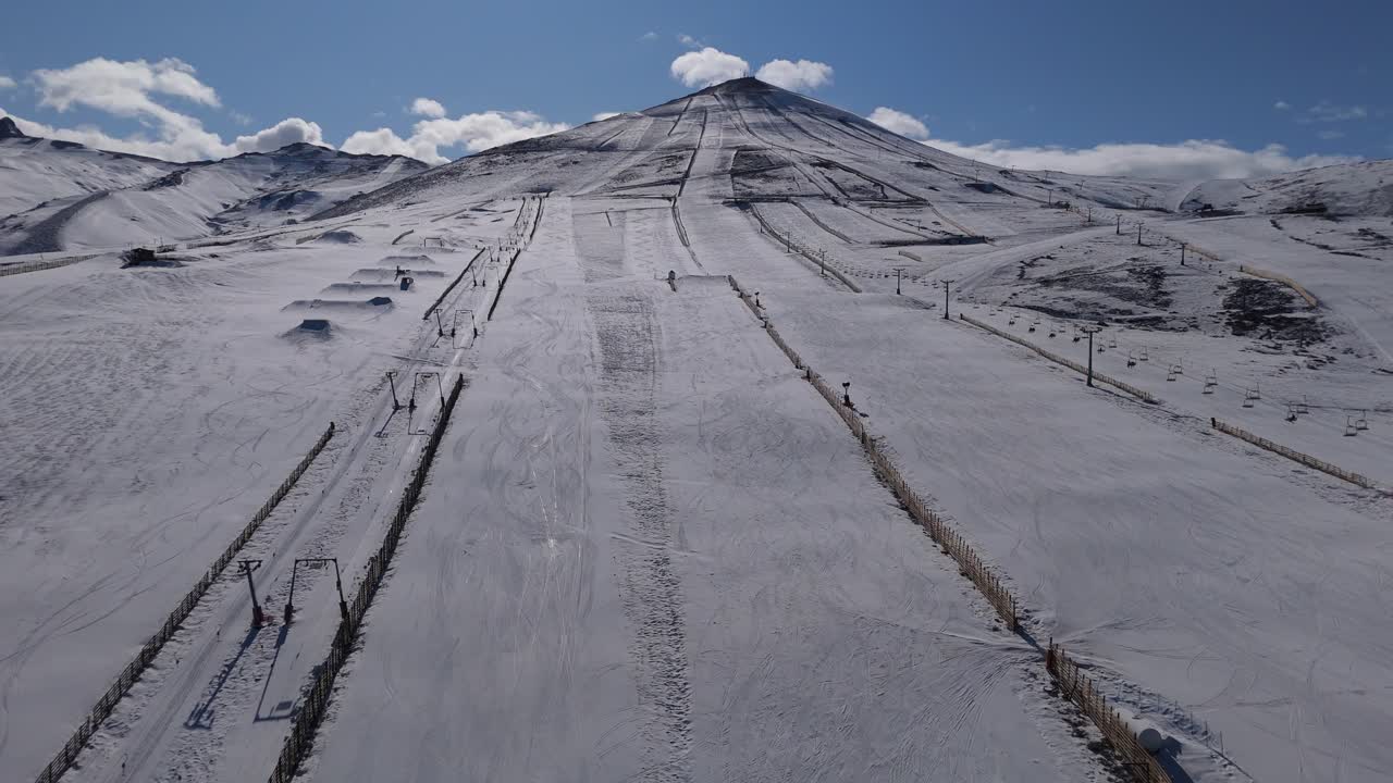 Panoramic view of Ski station centre resort at snowy Andes Mountains near Santiago Chile. Snow mountain landscape.
