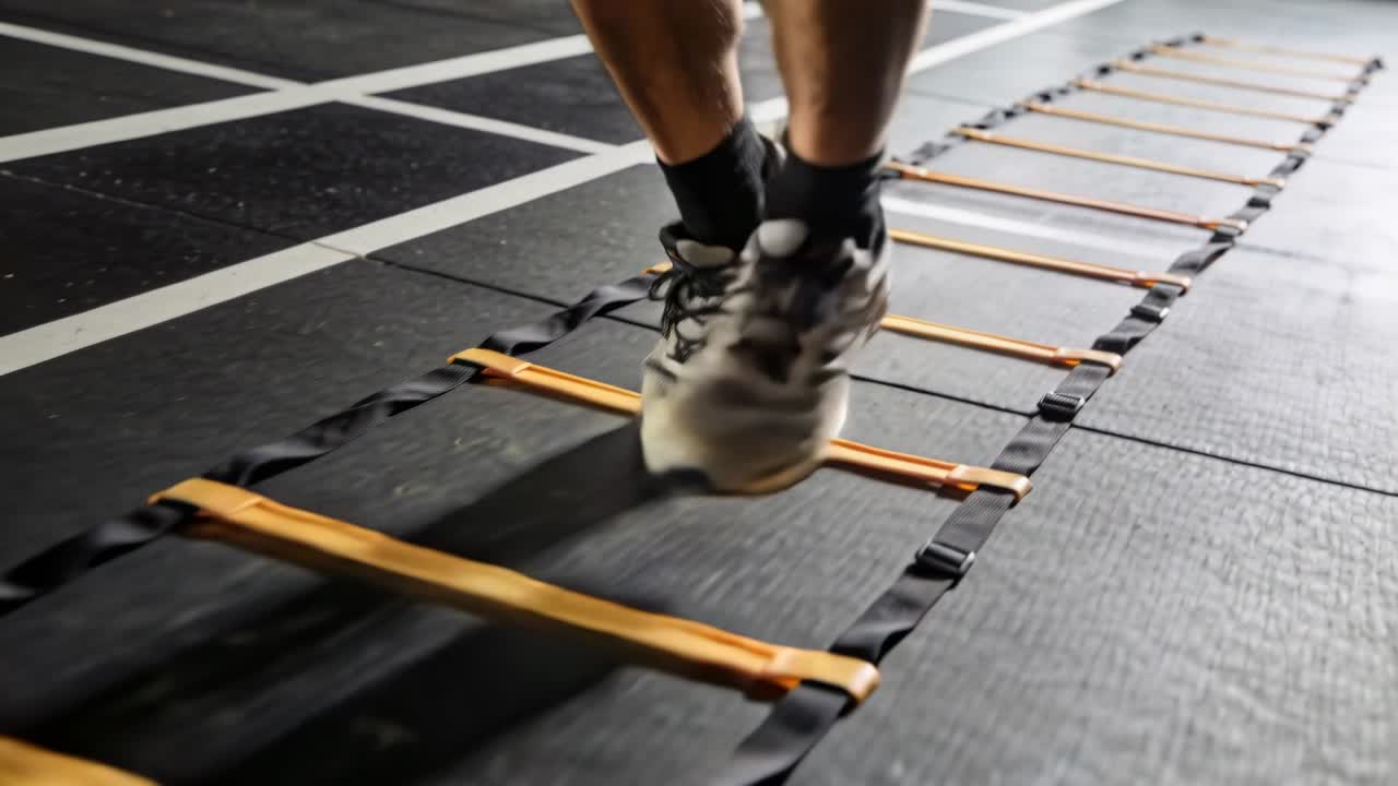Athlete's legs in running shoes doing ladder hops at gym as drill starts for agility, ladder