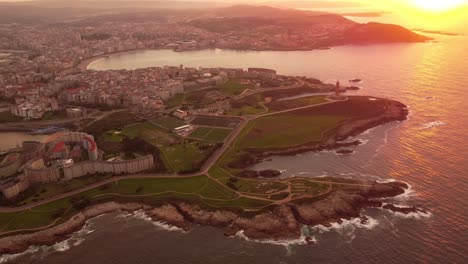 Aerial-drone-footage-of-la-coruna-Galicia-region-Spain-cityscape-during-epic-sunset