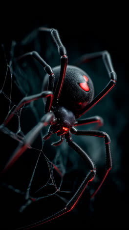black widow spider on web with red marking
