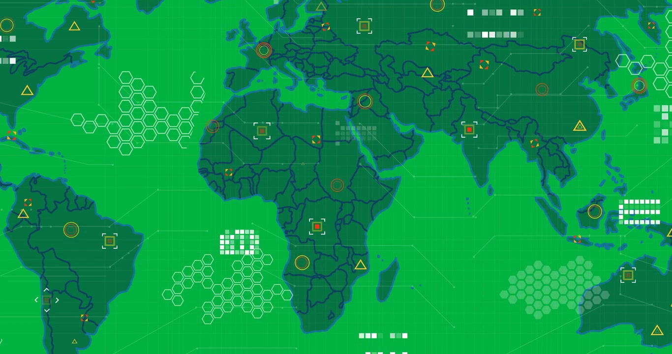 Animation of data processing over world map on transparent background
