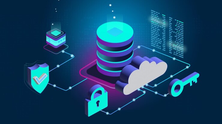 Database Cloud Technology, Encryption Security Concept Showing Data Flowing to a Server, representing PaaS and IaaS