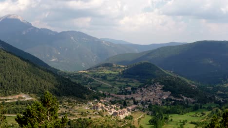 panoramic view of the village of gosol between mountains of the pyrenees of catalonia, spain.time-lapse.