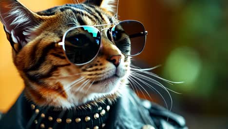 un gato con una chaqueta de cuero y gafas de sol