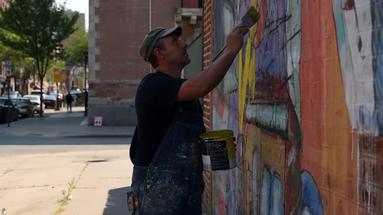 Uomo che dipinge un murale vivace su un muro di mattoni in un contesto urbano