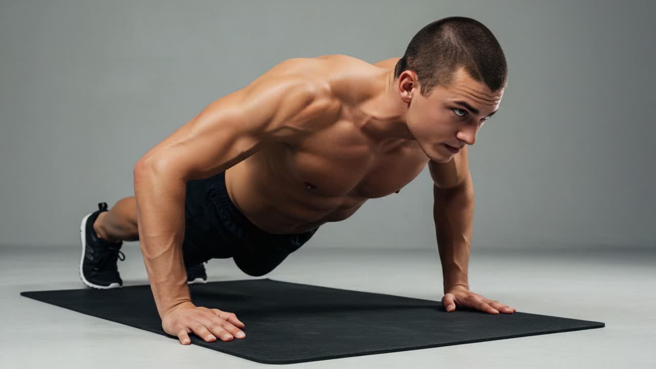 Intense Workout Session: Young Man Engages in Push-Up Exercise, Showcasing Strength and Form on a Mat in a Minimalist Gym Environment