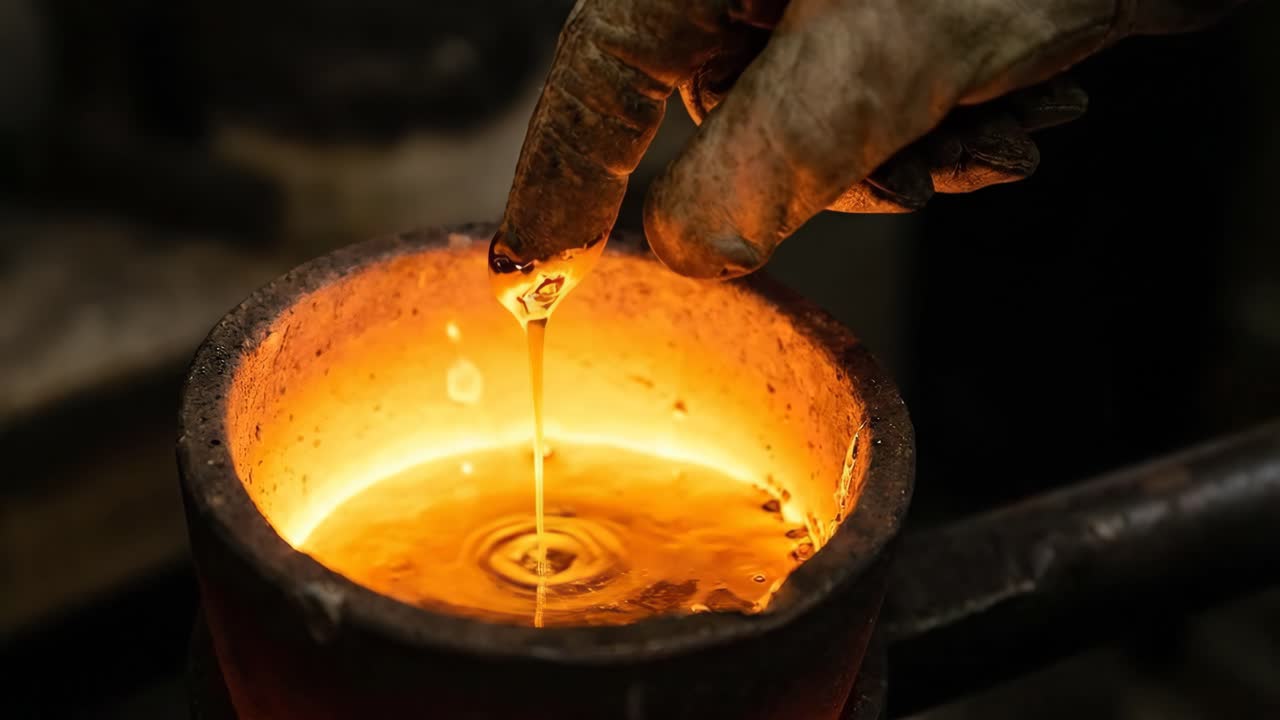 Mano enguantada sumergiendo un dedo en metal fundido en crisol