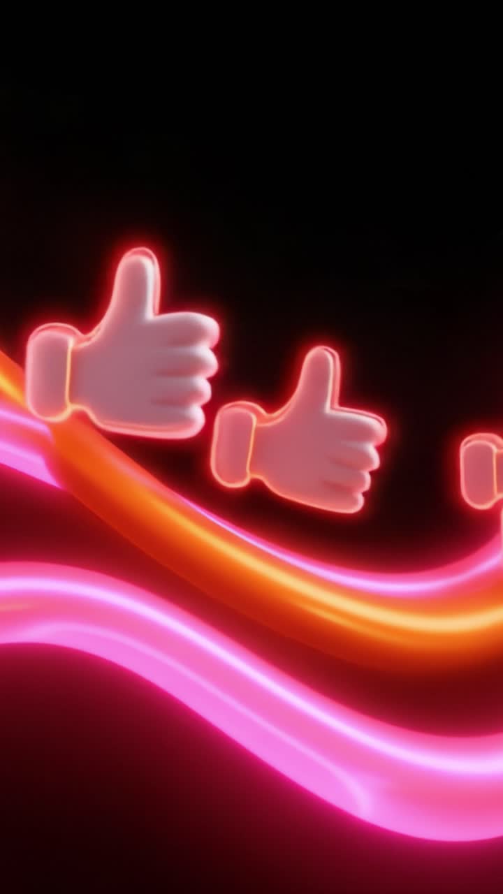 Livfulla animerade tummen upp-ikoner med färgglada neonvågor som visar positiva vibbar och glädje i en dynamisk digital miljö