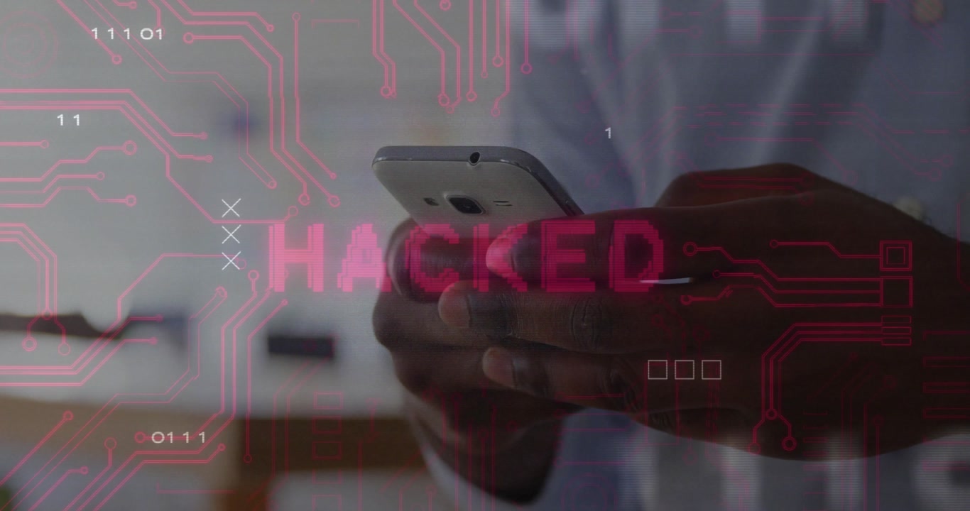Man tapping smartphone, causing red circuits and bits pulsing screen signaling cybersecurity breach