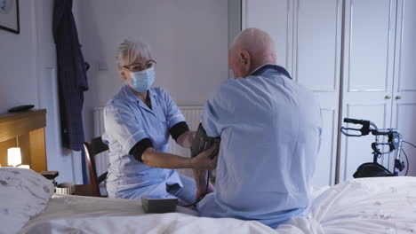 nurse taking blood pressure of a senior man