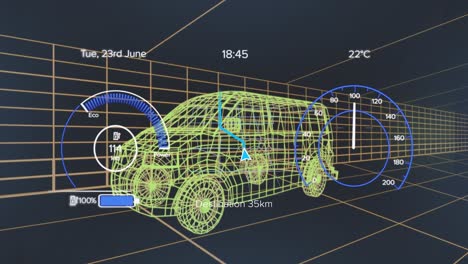 Animation-of-speedometer-over-electric-van-project-on-navy-background