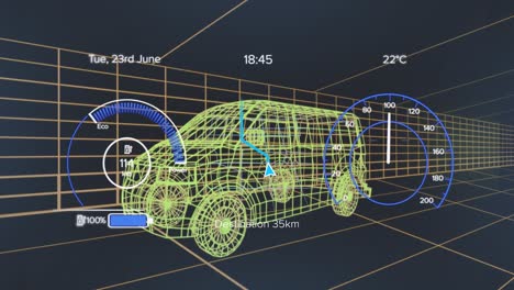 Animation of speedometer over electric van project on navy background