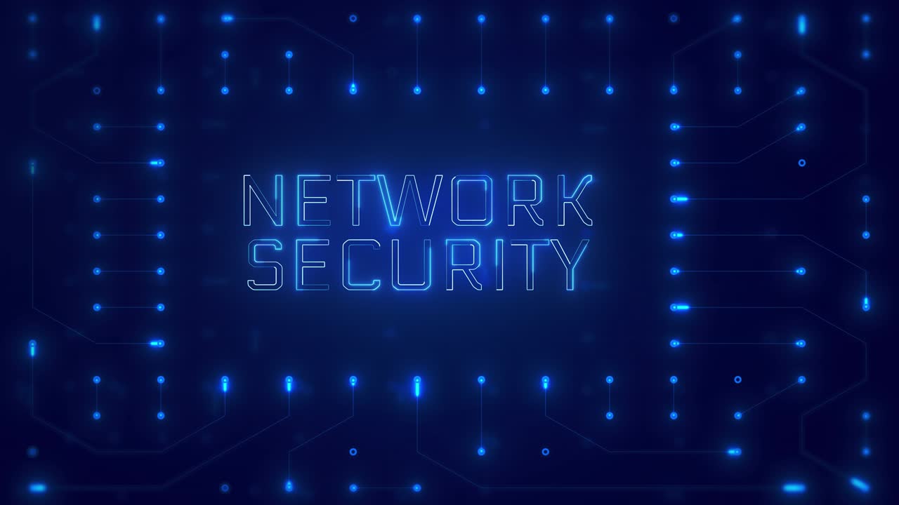 Network Security Text on Animated Digital Circuit Board