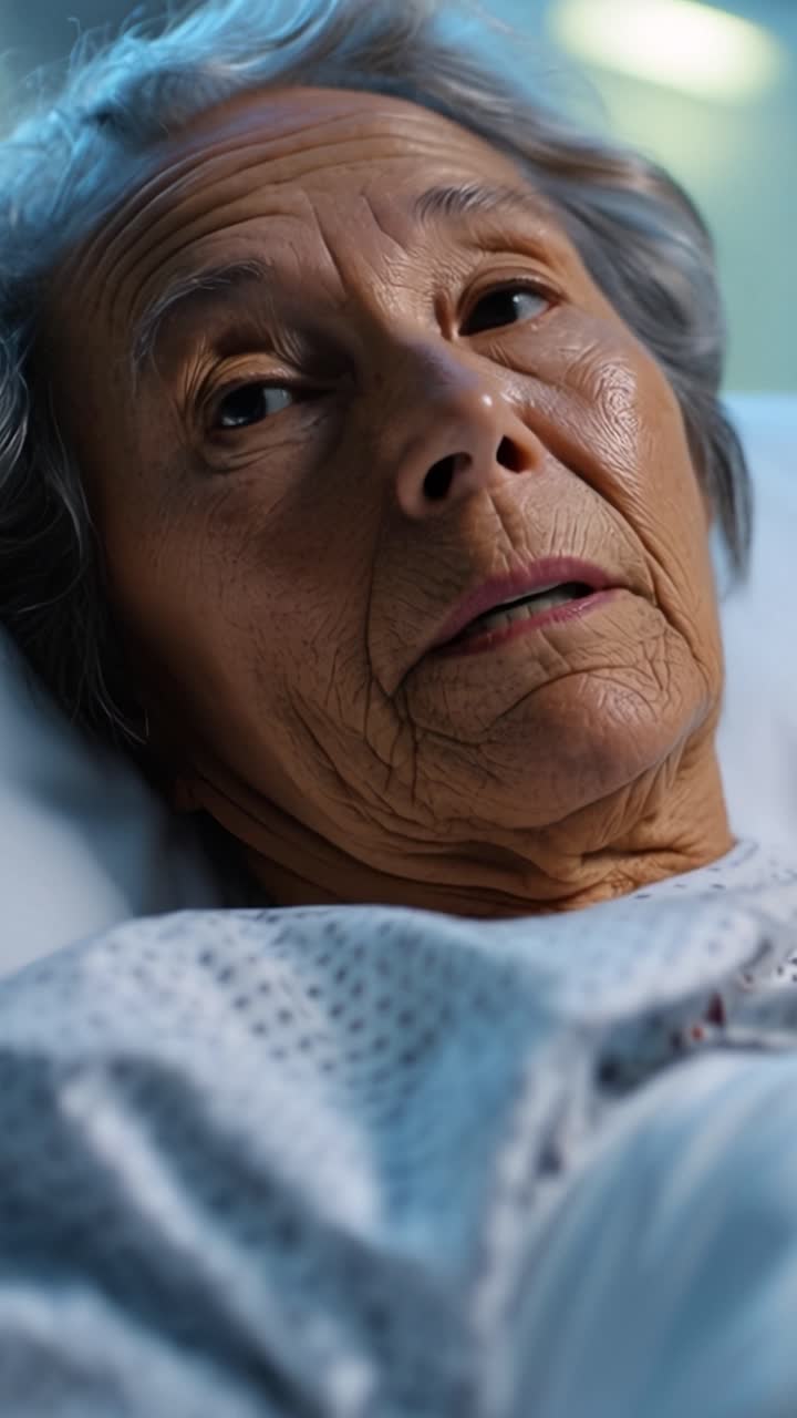 Un'anziana donna giace in un letto d'ospedale. I suoi occhi si chiudono, mostrando stanchezza o dolore. Il suo viso porta rughe profonde e una sofferenza silenziosa. Una luce soffusa brilla dolcemente sopra di lei.