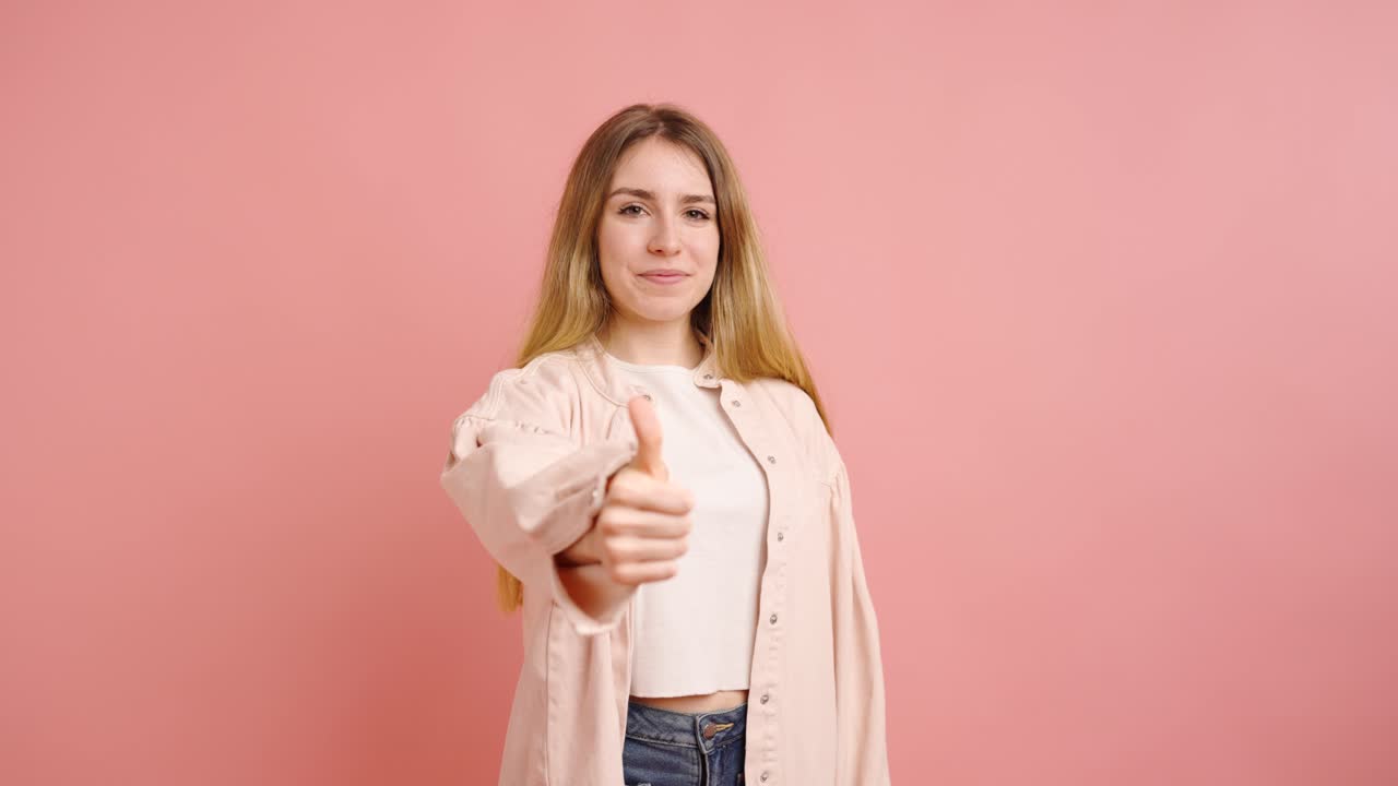 Giovane donna che fa il pollice in su su sfondo rosa