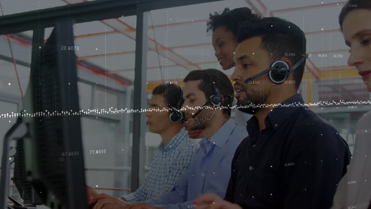 Animation of financial data processing over diverse business people with headsets