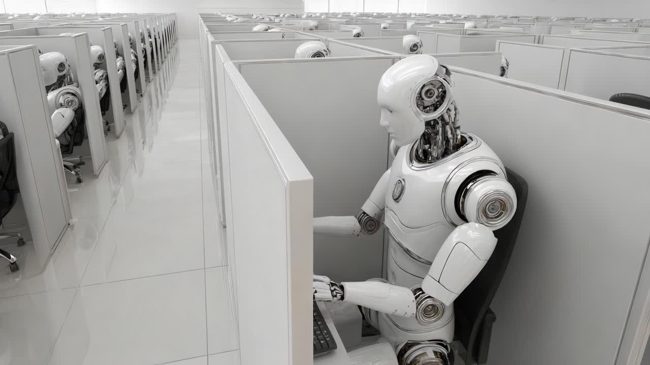 An Insight into the Future: Humanoid Robots Working in Cubicles, Portraying the Advancement of Automation in Office Environments