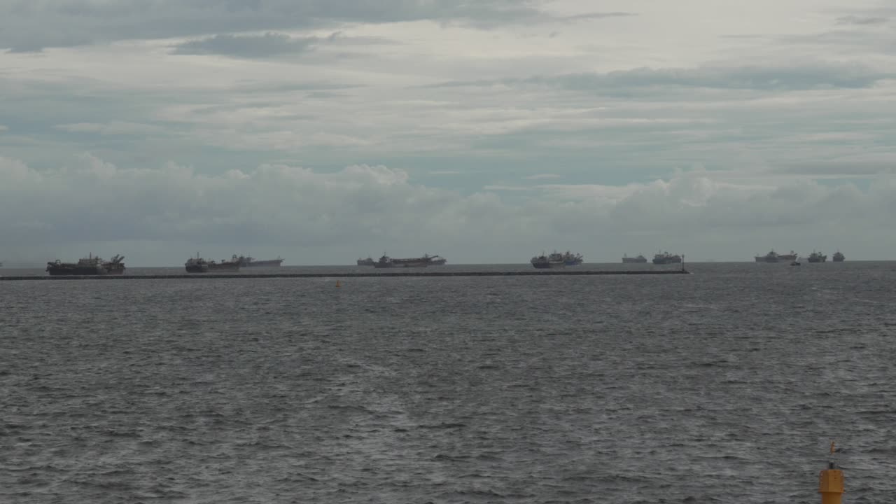 Numerous Cargo Ships at Sea on a Cloudy Day