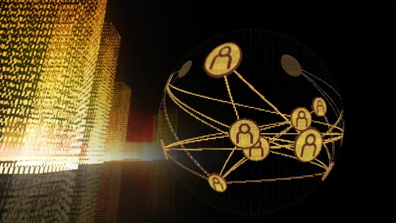 3d 도시 풍경 위의 데이터 처리 애니메이션