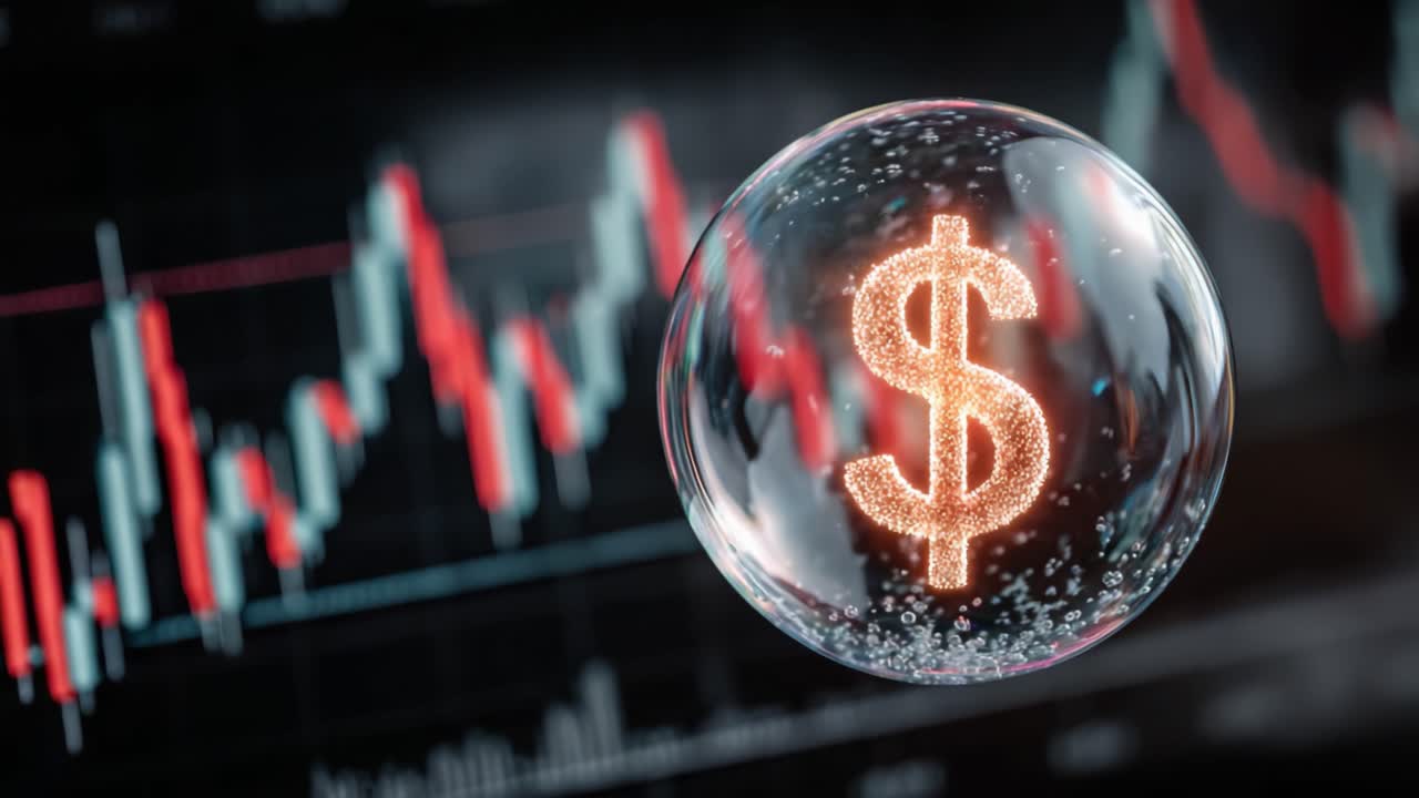 En spennende fremstilling av finansiell vekst og spekulasjon: Et dollartegn i en boble mot en dynamisk aksjemarkedsbakgrunn.