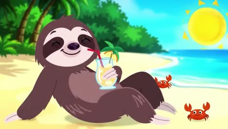 a relaxed sloth enjoying a tropical drink on a sunny beach surrounded by crabs and lush greenery in a charming animated scene