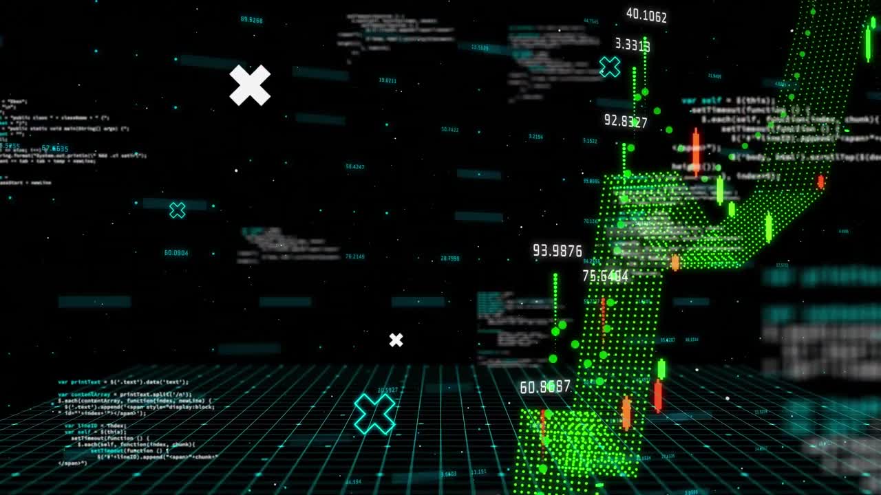 Animation of data processing and diagrams on black background