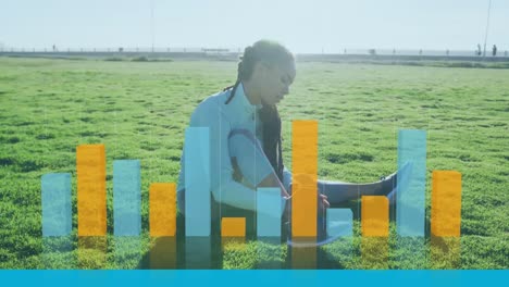 Animation-of-statistics-and-graphs-over-woman-tying-her-shoes-sitting-on-grass