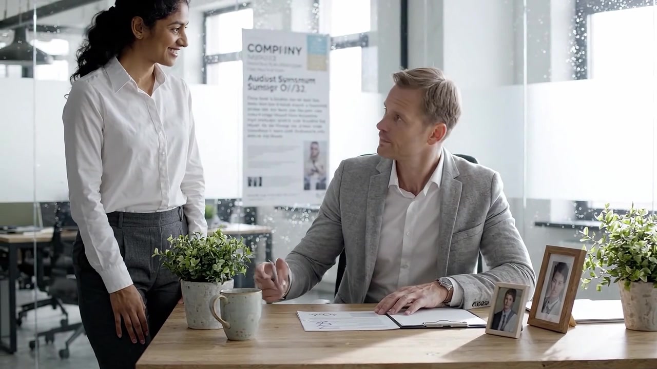 Professionele vergadering in modern kantoor: een man schrijft terwijl een vrouw observeert, wat duidt op samenwerking en communicatie in een werkomgeving.