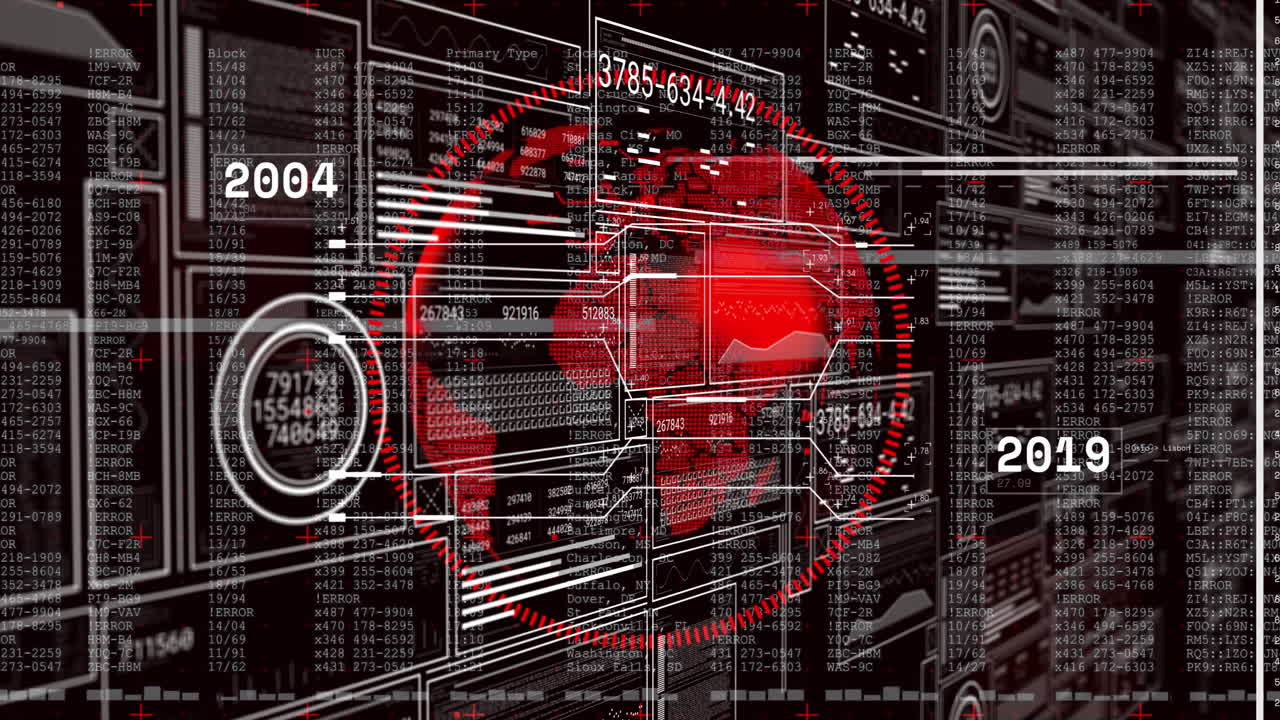 Animation of digital data and numbers overlaying red globe with tech elements