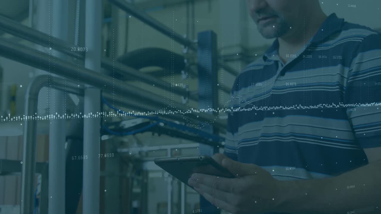 animación de estadísticas y procesamiento de datos financieros sobre empresario con tableta.