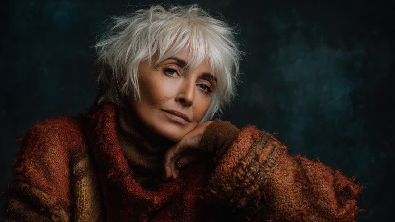 Ritratto introspettivo di una donna con capelli corti color argento, vestita con un accogliente maglione nei toni della terra, ambientato su uno sfondo artistico scuro che mette in risalto i suoi tratti del viso