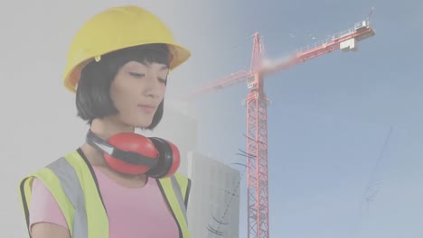 animation of asian female architect with plans over crane