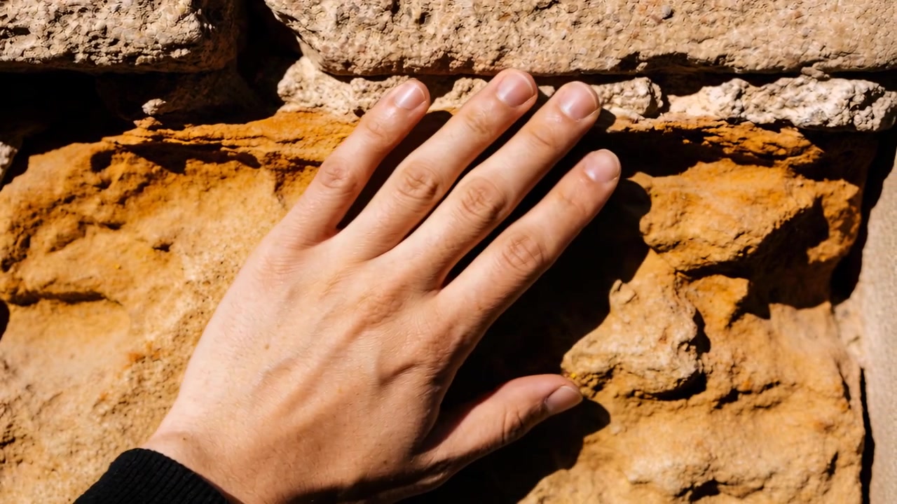 Entering frame, bare left hand tracing sandstone ledge on wall, feeling contours with dark cuff