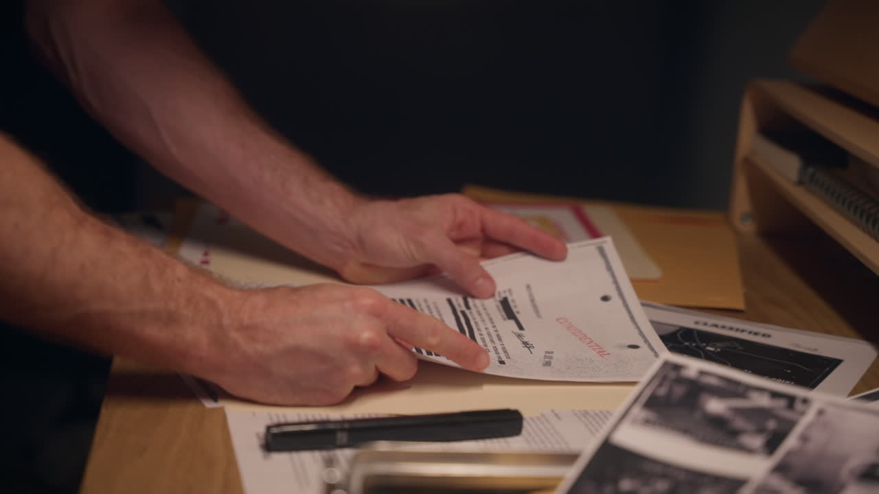 tired investigator or intelligence agent analyzing classified documents. Cluttered desk. Confidential report, surrounded by folders, photographs, and a black marker. Tense, cinematic investigation.