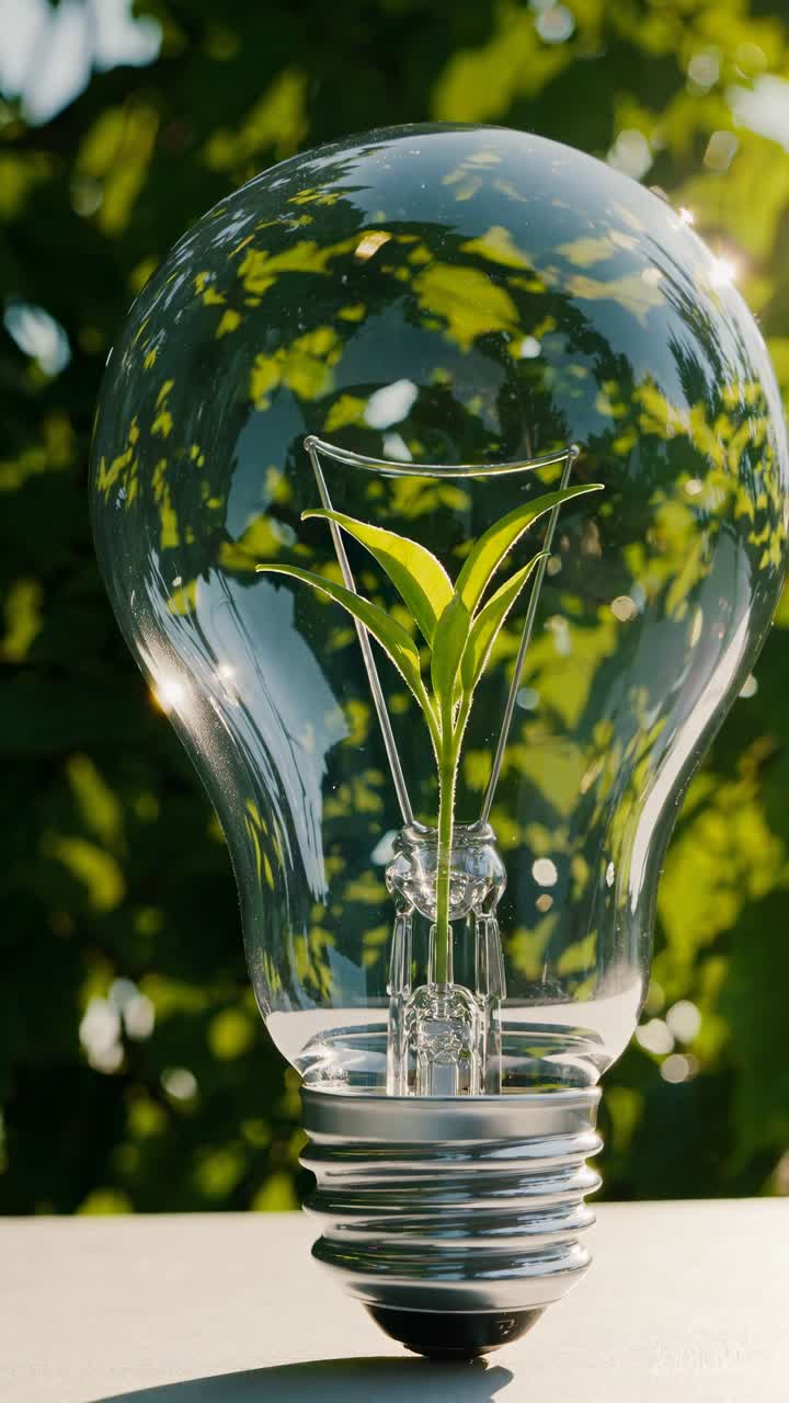 Close-up angle of a light bulb with a plant inside, symbolizing eco-friendly innovation