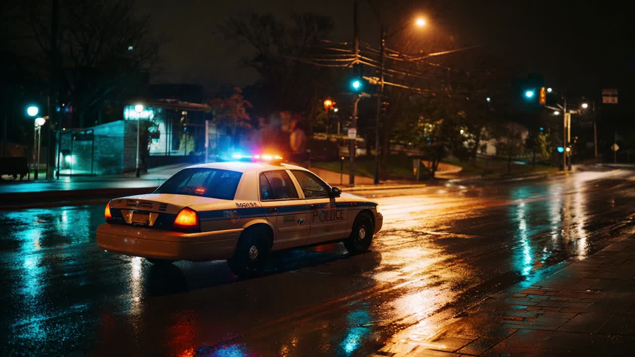 A police car with flashing lights navigates a rainy, empty street at night, reflecting vibrant colors and creating an atmospheric scene of vigilance and calm in the quiet urban environment