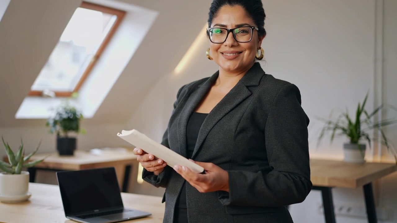 Una donna che presenta reagisce all'avvio della telecamera, mostrando un quaderno bianco in un loft e indossando un blazer scuro.