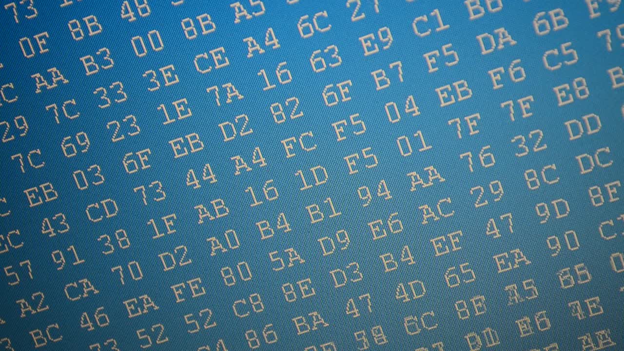 Beautiful foreshortening of a code. Figures on a blue background. Hexadecimal program code on screen. Animated background of moving binary code numbers