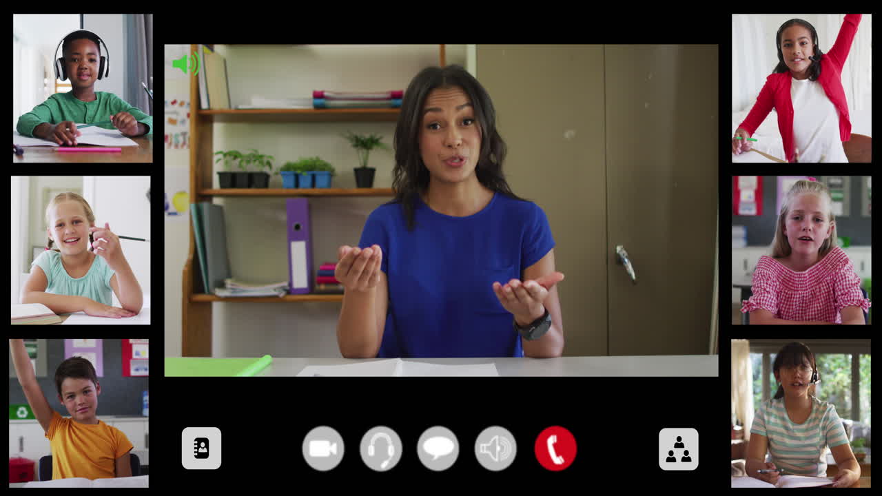 Composite video call interface with diverse smiling female teacher and ...