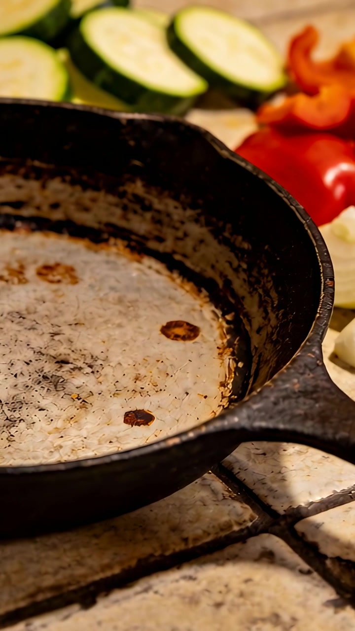 Vertikales Video: Eine gebrauchte Gusseisenpfanne wartet auf dem Herd, nachdem der Koch das Gemüse zum Kochen fertig geschnitten hat.