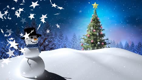 Animation-of-christmas-stars-falling-over-winter-landscape-with-snowman