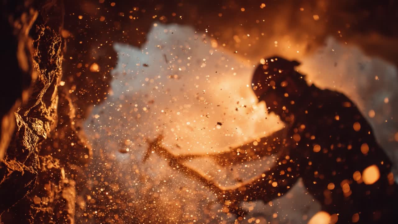 Intense Mining Scene: A Figure in the Dark Swinging a Pickaxe, Creating Sparks and Dust in a Dramatic Display of Hard Work Amidst Glimmering Particles and Fiery Backlight