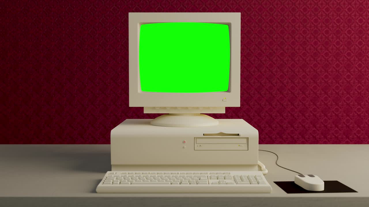 avvio del computer obsoleto con problema tecnico e schermo verde 4k vecchia annata